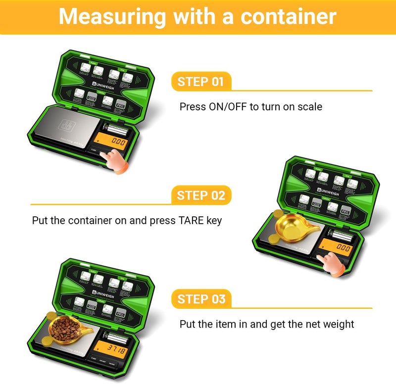 UNIWEIGH Digital Pocket Scale 200g/0.01g, Digital Scale Grams, Jewelry Scale,Coins Scale with 50g Cal Weights for Powder,Small Items,Tea,Jewelry,Coins (Battery Included)-Fluorescent Green - Image 4